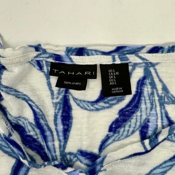 Tahari 100% Linen T-Shirt Tropical Blue Leaf Print Short Sleeve Top Size LRG EUC - Picture 3 of 3